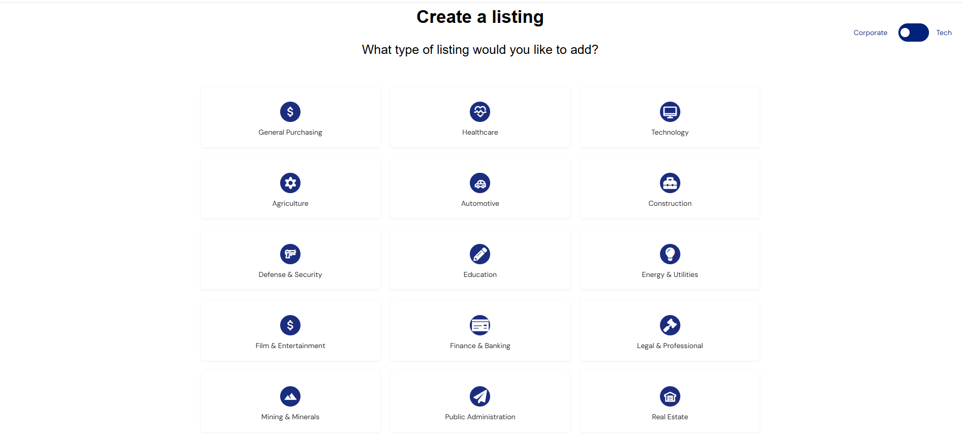 Wide variety of categories to create listings in